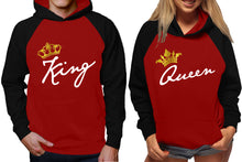 Load image into Gallery viewer, King and Queen raglan hoodies, Matching couple hoodies, Black Maroon King Queen design on man and woman hoodies
