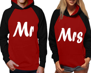 Mr and Mrs raglan hoodies, Matching couple hoodies, Black Maroon his and hers man and woman contrast raglan hoodies
