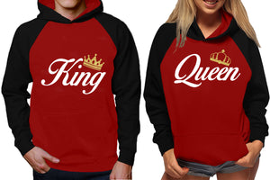 King and Queen raglan hoodies, Matching couple hoodies, Black Maroon King Queen design on man and woman hoodies