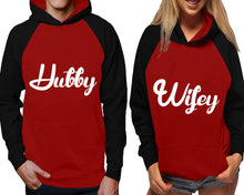 Load image into Gallery viewer, Hubby and Wifey raglan hoodies, Matching couple hoodies, Black Maroon his and hers man and woman contrast raglan hoodies
