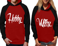 Cargar imagen en el visor de la galería, Hubby and Wifey raglan hoodies, Matching couple hoodies, Black Maroon his and hers man and woman contrast raglan hoodies
