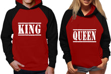Load image into Gallery viewer, King and Queen raglan hoodies, Matching couple hoodies, Black Maroon King Queen design on man and woman hoodies
