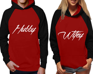 Hubby and Wifey raglan hoodies, Matching couple hoodies, Black Maroon his and hers man and woman contrast raglan hoodies
