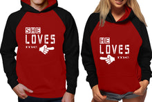 Load image into Gallery viewer, She Loves Me and He Loves Me raglan hoodies, Matching couple hoodies, Black Maroon his and hers man and woman contrast raglan hoodies
