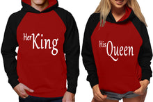 Load image into Gallery viewer, Her King and His Queen raglan hoodies, Matching couple hoodies, Black Maroon King Queen design on man and woman hoodies
