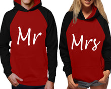 Cargar imagen en el visor de la galería, Mr and Mrs raglan hoodies, Matching couple hoodies, Black Maroon his and hers man and woman contrast raglan hoodies
