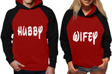 Load image into Gallery viewer, Hubby and Wifey raglan hoodies, Matching couple hoodies, Black Maroon King Queen design on man and woman hoodies
