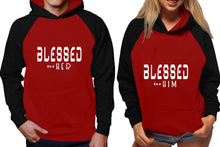 Load image into Gallery viewer, Blessed for Her and Blessed for Him raglan hoodies, Matching couple hoodies, Black Maroon his and hers man and woman contrast raglan hoodies
