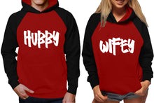 Load image into Gallery viewer, Hubby and Wifey raglan hoodies, Matching couple hoodies, Black Maroon King Queen design on man and woman hoodies
