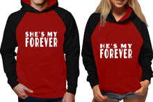 Görseli Galeri görüntüleyiciye yükleyin, She&#39;s My Forever and He&#39;s My Forever raglan hoodies, Matching couple hoodies, Black Maroon his and hers man and woman contrast raglan hoodies

