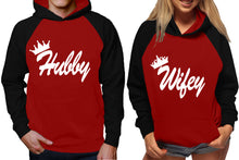 Cargar imagen en el visor de la galería, Hubby and Wifey raglan hoodies, Matching couple hoodies, Black Maroon King Queen design on man and woman hoodies
