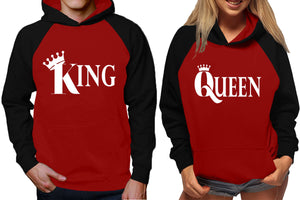 King and Queen raglan hoodies, Matching couple hoodies, Black Maroon King Queen design on man and woman hoodies