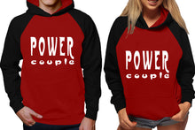 Load image into Gallery viewer, Power Couple raglan hoodies, Matching couple hoodies, Black Maroon his and hers man and woman contrast raglan hoodies
