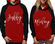 將圖片載入圖庫檢視器 Hubby and Wifey raglan hoodies, Matching couple hoodies, Black Maroon his and hers man and woman contrast raglan hoodies
