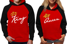 Load image into Gallery viewer, King and Queen raglan hoodies, Matching couple hoodies, Black Red King Queen design on man and woman hoodies
