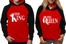 將圖片載入圖庫檢視器 Her King and His Queen raglan hoodies, Matching couple hoodies, Black Red King Queen design on man and woman hoodies
