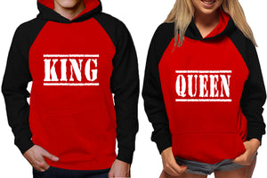 King and Queen raglan hoodies, Matching couple hoodies, Black Red King Queen design on man and woman hoodies