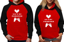 Cargar imagen en el visor de la galería, She&#39;s My Forever and He&#39;s My Forever raglan hoodies, Matching couple hoodies, Black Red his and hers man and woman contrast raglan hoodies
