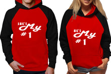 Görseli Galeri görüntüleyiciye yükleyin, She&#39;s My Number 1 and He&#39;s My Number 1 raglan hoodies, Matching couple hoodies, Black Red his and hers man and woman contrast raglan hoodies
