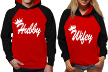 Cargar imagen en el visor de la galería, Hubby and Wifey raglan hoodies, Matching couple hoodies, Black Red King Queen design on man and woman hoodies
