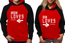 Load image into Gallery viewer, She Loves Me and He Loves Me raglan hoodies, Matching couple hoodies, Black Red his and hers man and woman contrast raglan hoodies
