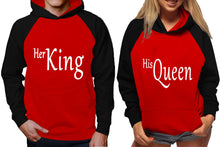 Load image into Gallery viewer, Her King and His Queen raglan hoodies, Matching couple hoodies, Black Red King Queen design on man and woman hoodies
