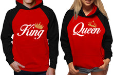將圖片載入圖庫檢視器 King and Queen raglan hoodies, Matching couple hoodies, Black Red King Queen design on man and woman hoodies
