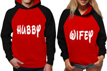 Load image into Gallery viewer, Hubby and Wifey raglan hoodies, Matching couple hoodies, Black Red King Queen design on man and woman hoodies
