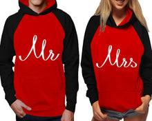 Görseli Galeri görüntüleyiciye yükleyin, Mr and Mrs raglan hoodies, Matching couple hoodies, Black Red his and hers man and woman contrast raglan hoodies
