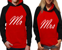 Görseli Galeri görüntüleyiciye yükleyin, Mr and Mrs raglan hoodies, Matching couple hoodies, Black Red his and hers man and woman contrast raglan hoodies

