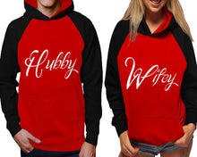 Load image into Gallery viewer, Hubby and Wifey raglan hoodies, Matching couple hoodies, Black Red his and hers man and woman contrast raglan hoodies

