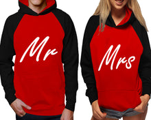 Cargar imagen en el visor de la galería, Mr and Mrs raglan hoodies, Matching couple hoodies, Black Red his and hers man and woman contrast raglan hoodies
