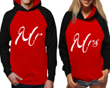 將圖片載入圖庫檢視器 Mr and Mrs raglan hoodies, Matching couple hoodies, Black Red his and hers man and woman contrast raglan hoodies
