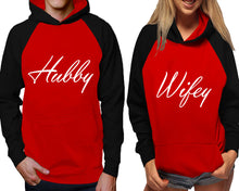 將圖片載入圖庫檢視器 Hubby and Wifey raglan hoodies, Matching couple hoodies, Black Red his and hers man and woman contrast raglan hoodies
