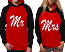 Cargar imagen en el visor de la galería, Mr and Mrs raglan hoodies, Matching couple hoodies, Black Red his and hers man and woman contrast raglan hoodies
