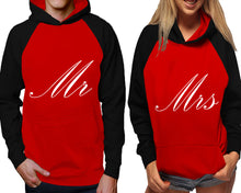 Load image into Gallery viewer, Mr and Mrs raglan hoodies, Matching couple hoodies, Black Red his and hers man and woman contrast raglan hoodies
