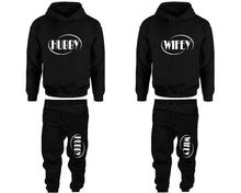 Load image into Gallery viewer, Hubby and Wifey matching top and bottom set, Black pullover hoodie and sweatpants sets for mens, pullover hoodie and jogger set womens. Matching couple joggers.
