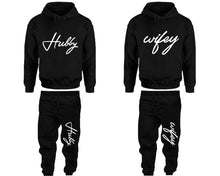 Load image into Gallery viewer, Hubby and Wifey matching top and bottom set, Black hoodie and sweatpants sets for mens hoodie and jogger set womens. Matching couple joggers.
