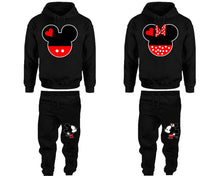 Load image into Gallery viewer, Mickey and Minnie matching top and bottom set, Black hoodie and sweatpants sets for mens hoodie and jogger set womens. Matching couple joggers.
