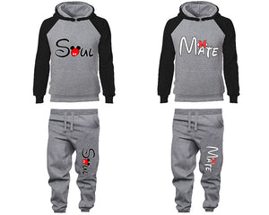 Soul Mate matching top and bottom set, Black Grey raglan hoodie and sweatpants sets for mens, raglan hoodie and jogger set womens. Matching couple joggers.