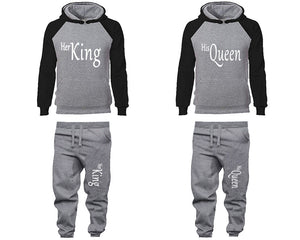 Her King and His Queen matching top and bottom set, Black Grey raglan hoodie and sweatpants sets for mens, raglan hoodie and jogger set womens. Matching couple joggers.