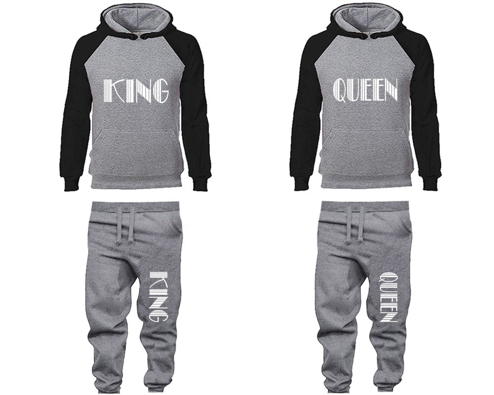 King and Queen matching top and bottom set, Black Grey raglan hoodie and sweatpants sets for mens, raglan hoodie and jogger set womens. Matching couple joggers.
