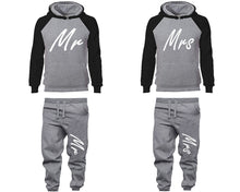 Charger l&#39;image dans la galerie, Mr and Mrs matching top and bottom set, Black Grey raglan hoodie and sweatpants sets for mens, raglan hoodie and jogger set womens. Matching couple joggers.
