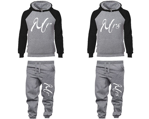 Mr and Mrs matching top and bottom set, Black Grey raglan hoodie and sweatpants sets for mens, raglan hoodie and jogger set womens. Matching couple joggers.