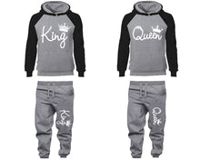 Load image into Gallery viewer, King Queen matching top and bottom set, Black Grey raglan hoodie and sweatpants sets for mens, raglan hoodie and jogger set womens. Matching couple joggers.
