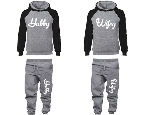 Hubby and Wifey matching top and bottom set, Black Grey raglan hoodie and sweatpants sets for mens, raglan hoodie and jogger set womens. Matching couple joggers.