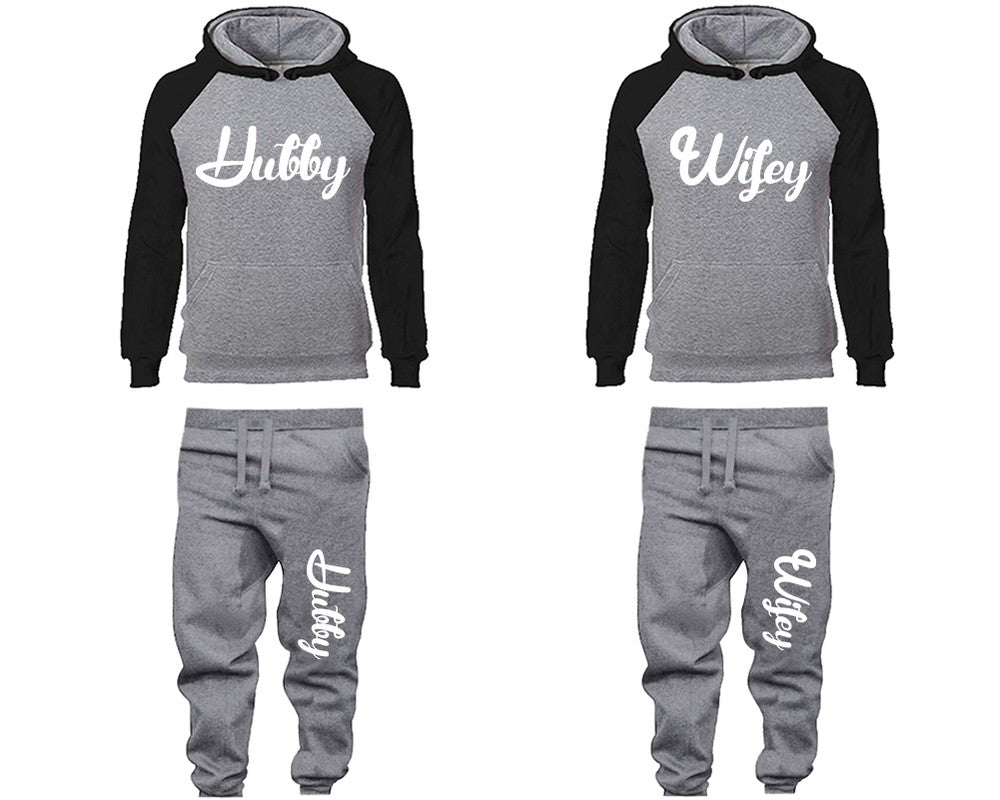 Hubby and Wifey matching top and bottom set, Black Grey raglan hoodie and sweatpants sets for mens, raglan hoodie and jogger set womens. Matching couple joggers.