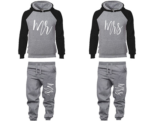 Mr and Mrs matching top and bottom set, Black Grey raglan hoodie and sweatpants sets for mens, raglan hoodie and jogger set womens. Matching couple joggers.