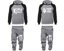 Charger l&#39;image dans la galerie, King and Queen matching top and bottom set, Black Grey raglan hoodie and sweatpants sets for mens, raglan hoodie and jogger set womens. Matching couple joggers.
