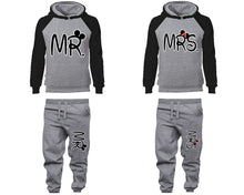 Load image into Gallery viewer, Mr Mrs matching top and bottom set, Black Grey raglan hoodie and sweatpants sets for mens, raglan hoodie and jogger set womens. Matching couple joggers.
